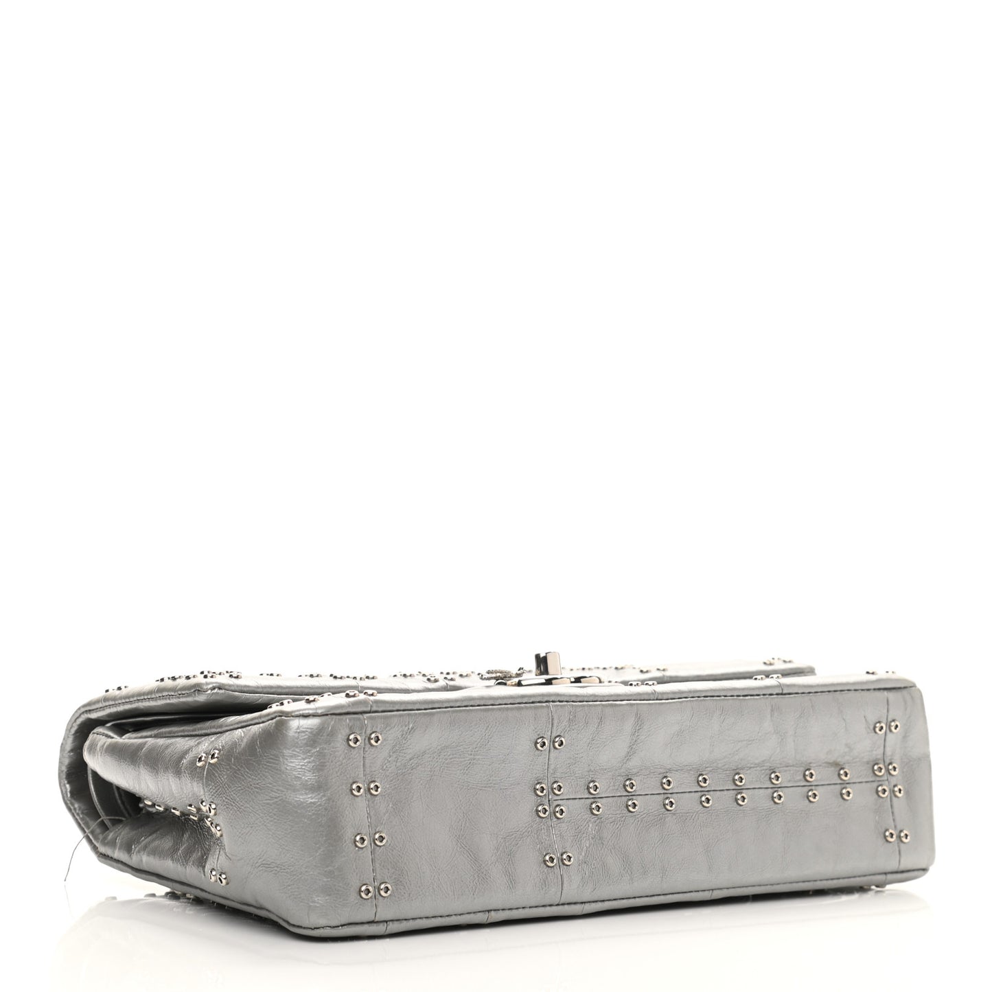 Glazed Calfskin Grommet Embellished Medium Airline Double Flap Silver