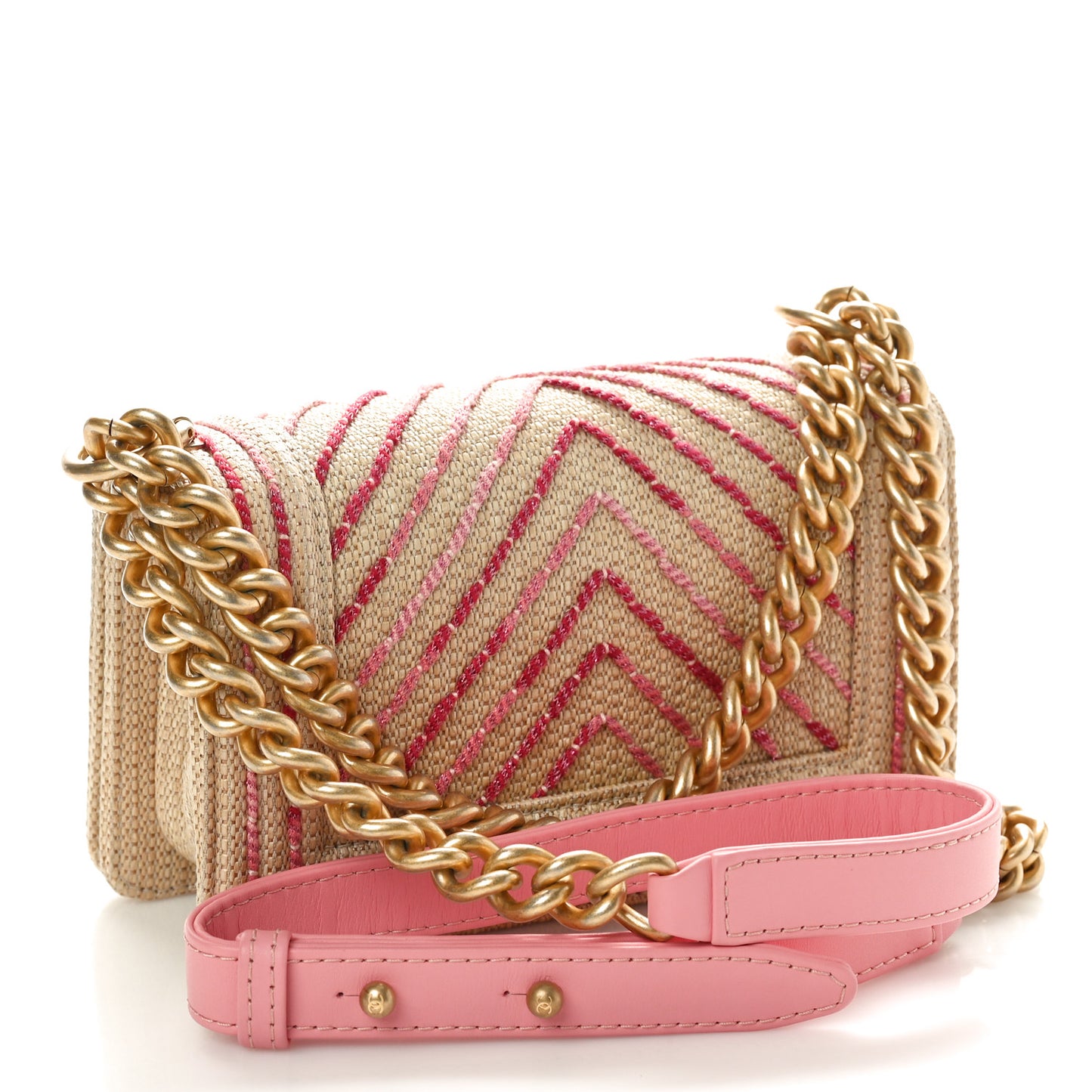 Cotton Canvas Calfskin Chevron Embroidered Small Boy Flap Beige Pink