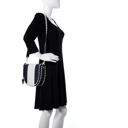 Valentino Garavani Vitello Colorblock Large Free Rockstud Halfmoon Saddle Bag Marine White 3 of 15