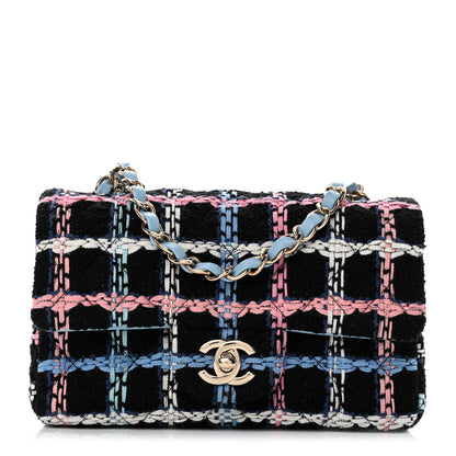 Chanel Tweed Quilted Mini Rectangular Flap Black Pink Blue Ecru 1 of 11