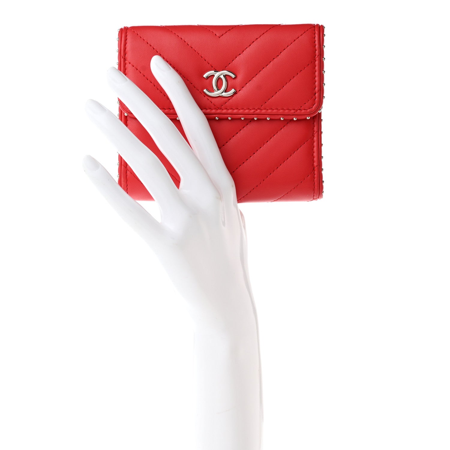 Chanel Lambskin Chevron Quilted Studded Compact Flap Wallet Red 2 of 14