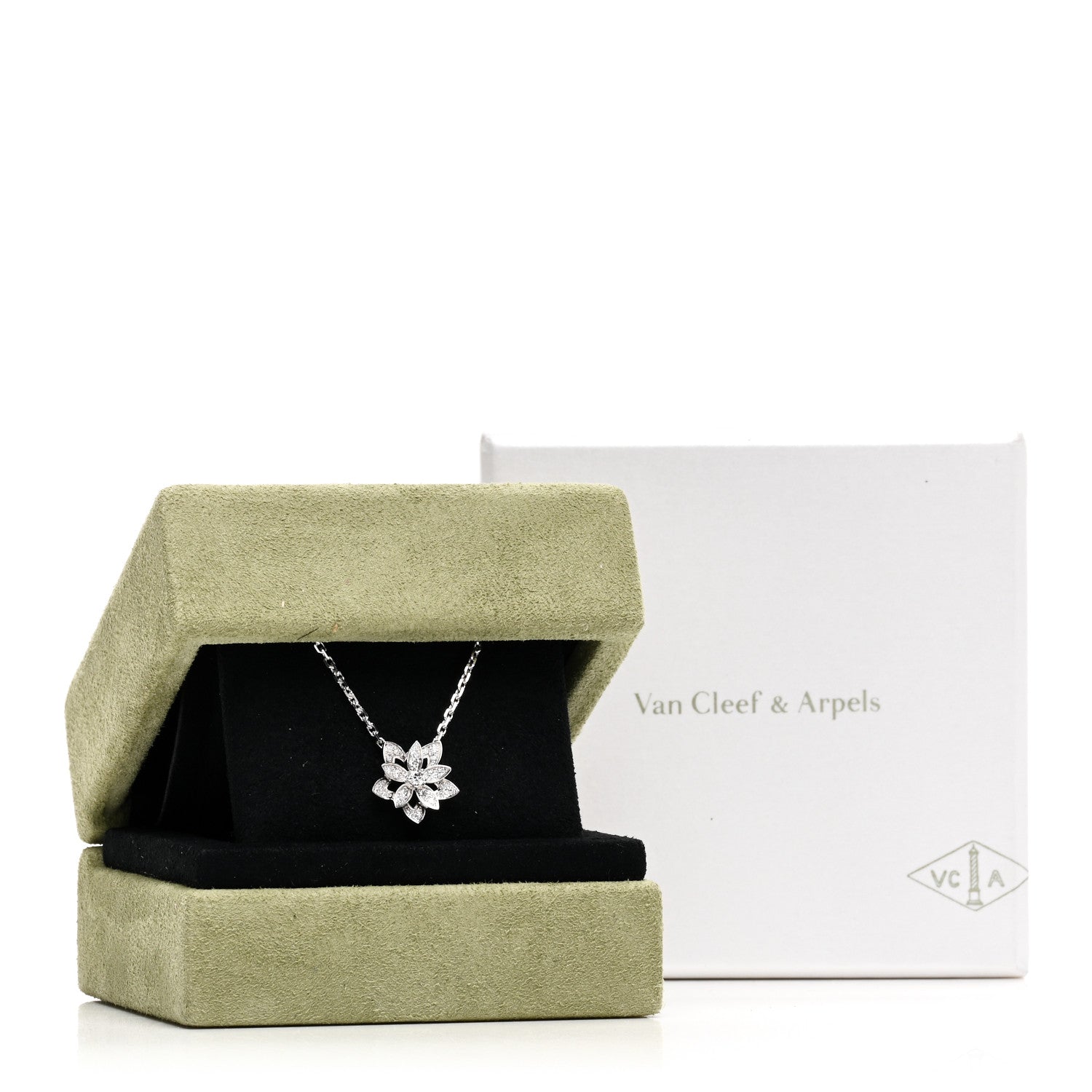 Van Cleef & Arpels 18K White Gold Diamond Mini Lotus Pendant Necklace 6 of 6