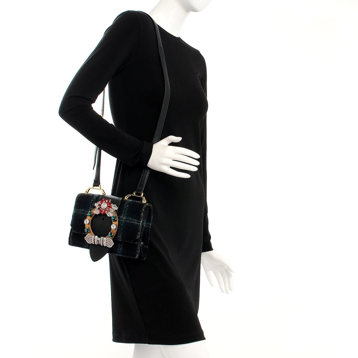 Wool Plaid Crystal Embellished Shoulder Bag Blue