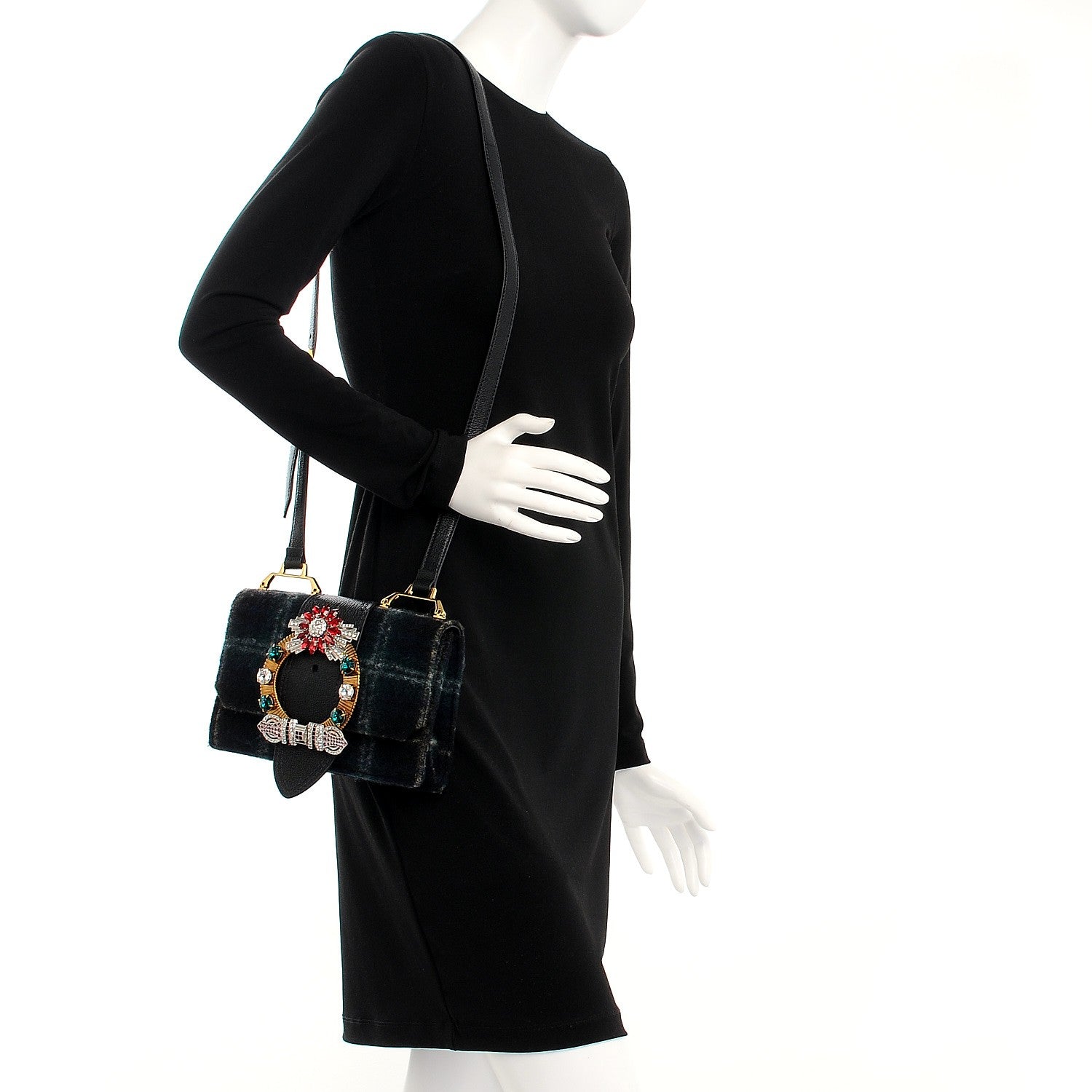 Miu Miu Wool Plaid Crystal Embellished Shoulder Bag Blue 2 of 7