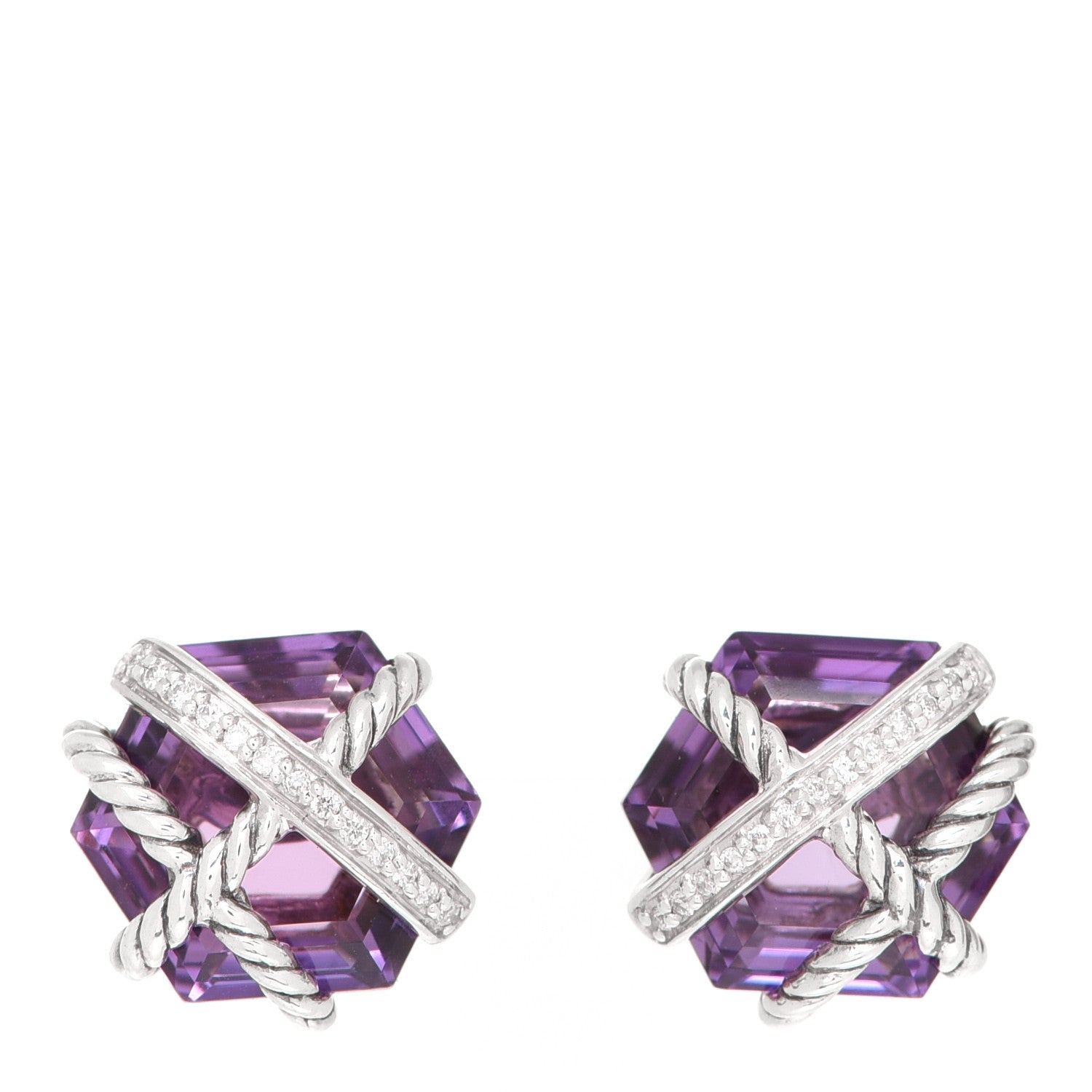 David Yurman Sterling Silver Diamond Amethyst 10mm Cable Wrap Earrings 1 of 5