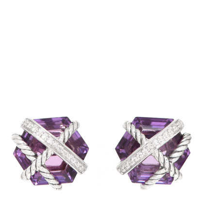 David Yurman Sterling Silver Diamond Amethyst 10mm Cable Wrap Earrings 1 of 5