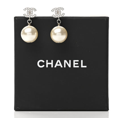 Chanel Crystal Pearl CC Drop Earrings Silver Pearly White 5 of 5