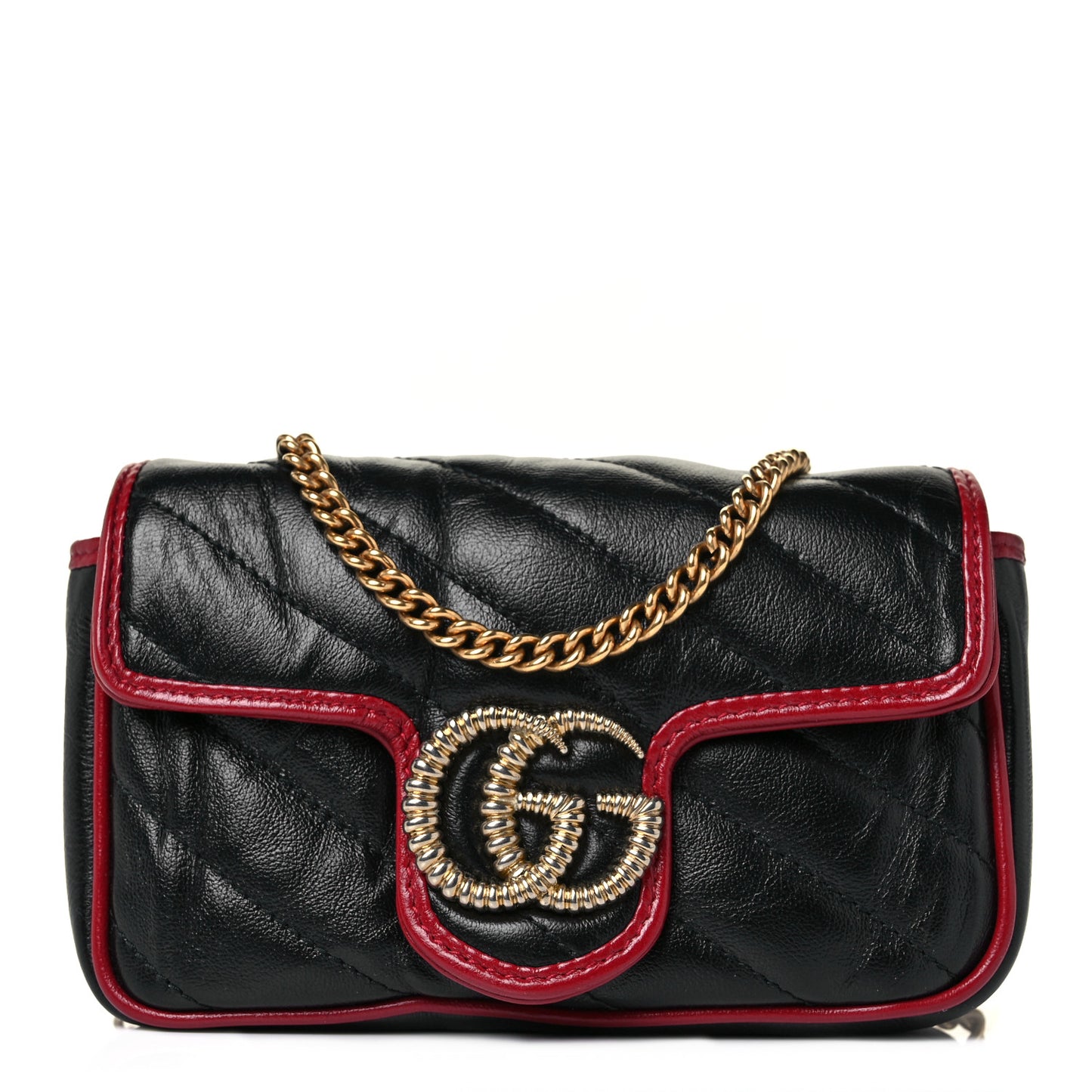 Vintage Effect Calfskin Matelasse Diagonal Super Mini Torchon GG Marmont Shoulder Bag Black Romantic Cherry