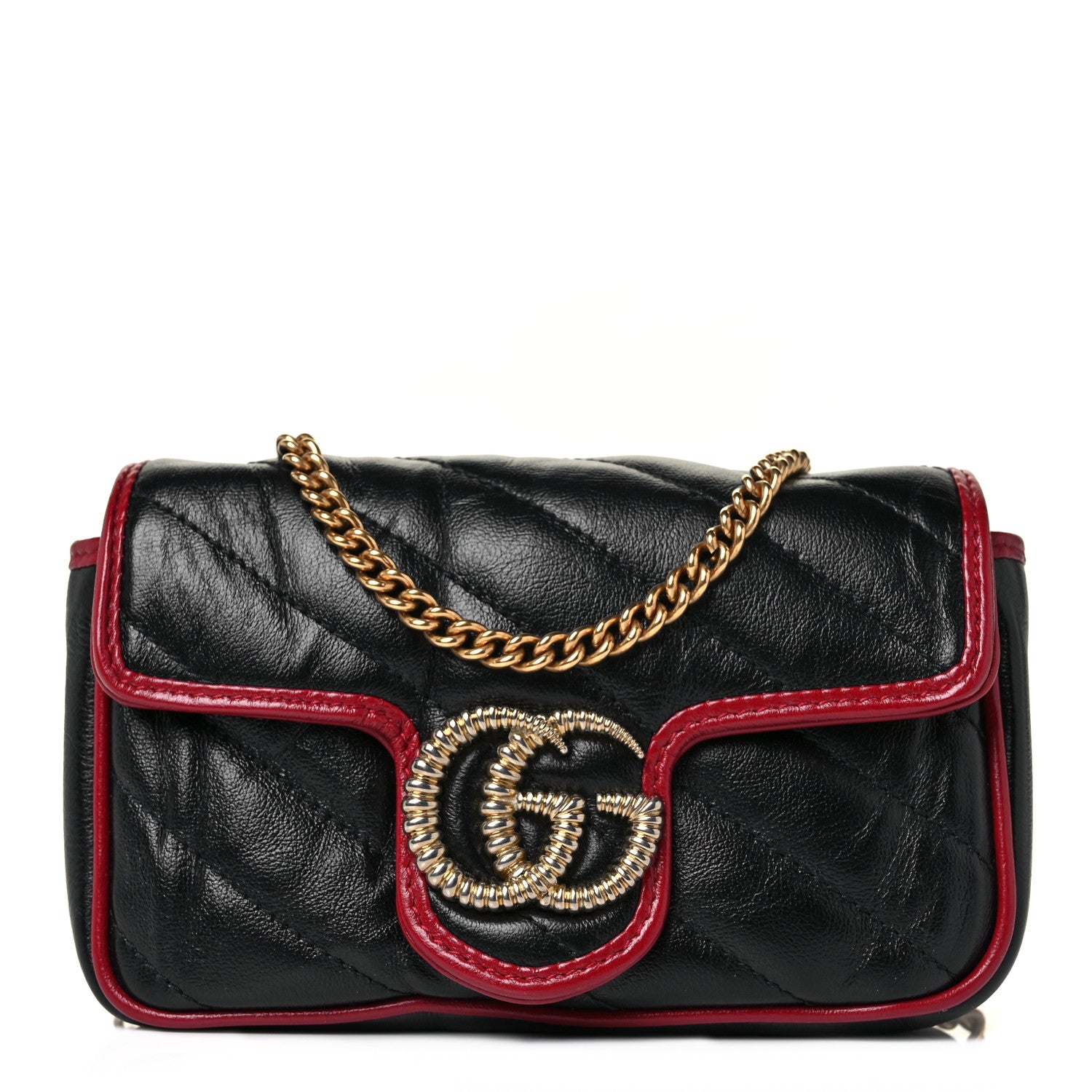 Gucci Vintage Effect Calfskin Matelasse Diagonal Super Mini Torchon GG Marmont Shoulder Bag Black Romantic Cherry 1 of 9