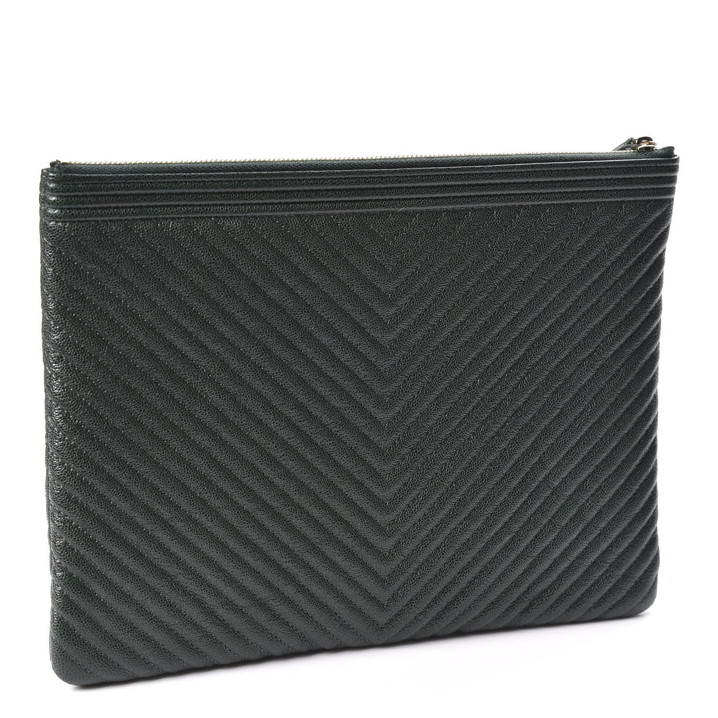 Caviar Chevron Quilted Medium Boy Zip Pouch Dark Green