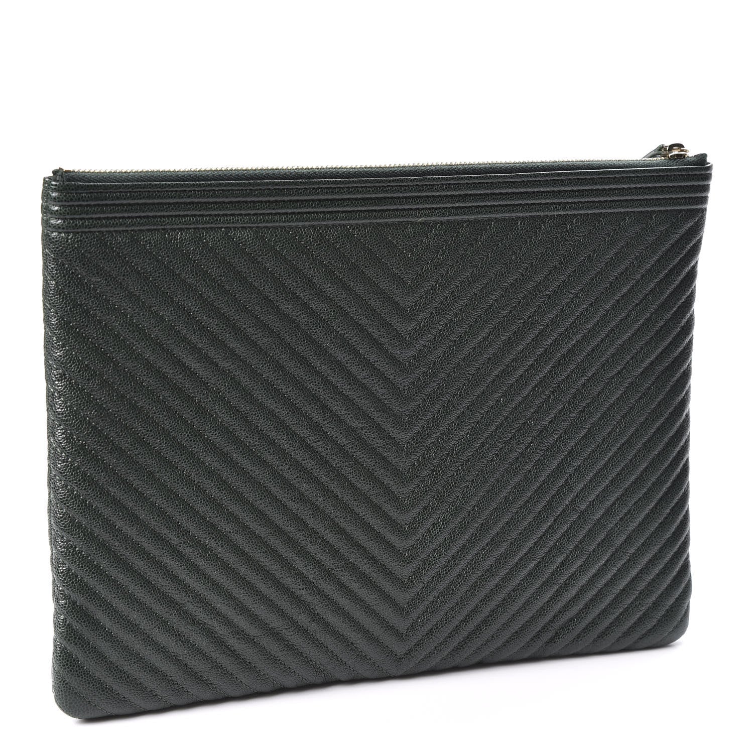 Chanel Caviar Chevron Quilted Medium Boy Zip Pouch Dark Green 2 of 10