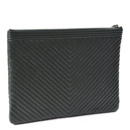 Chanel Caviar Chevron Quilted Medium Boy Zip Pouch Dark Green 2 of 10