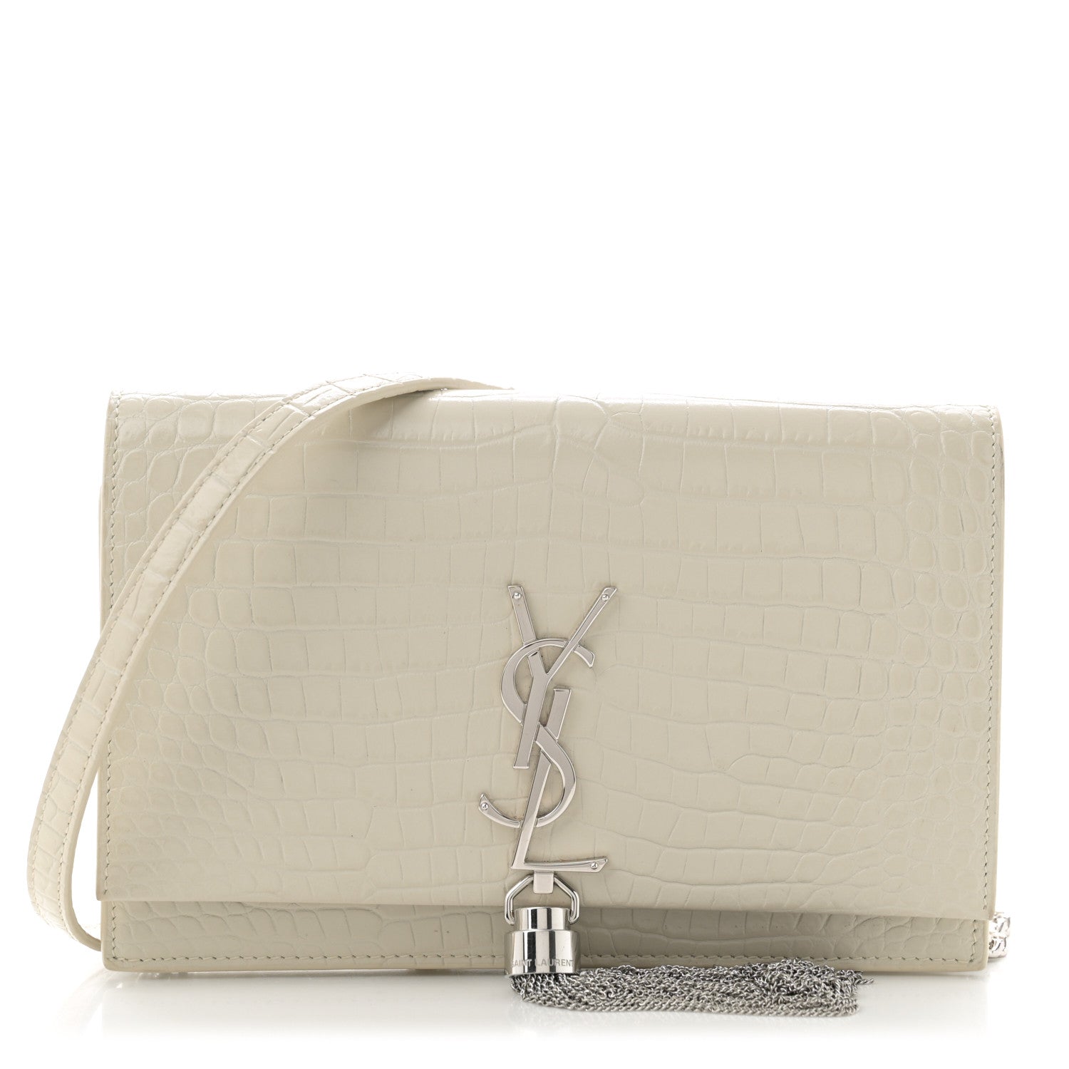 Saint Laurent Calfskin Crocodile Embossed Kate Monogram Tassel Chain Wallet Crema Soft 1 of 12