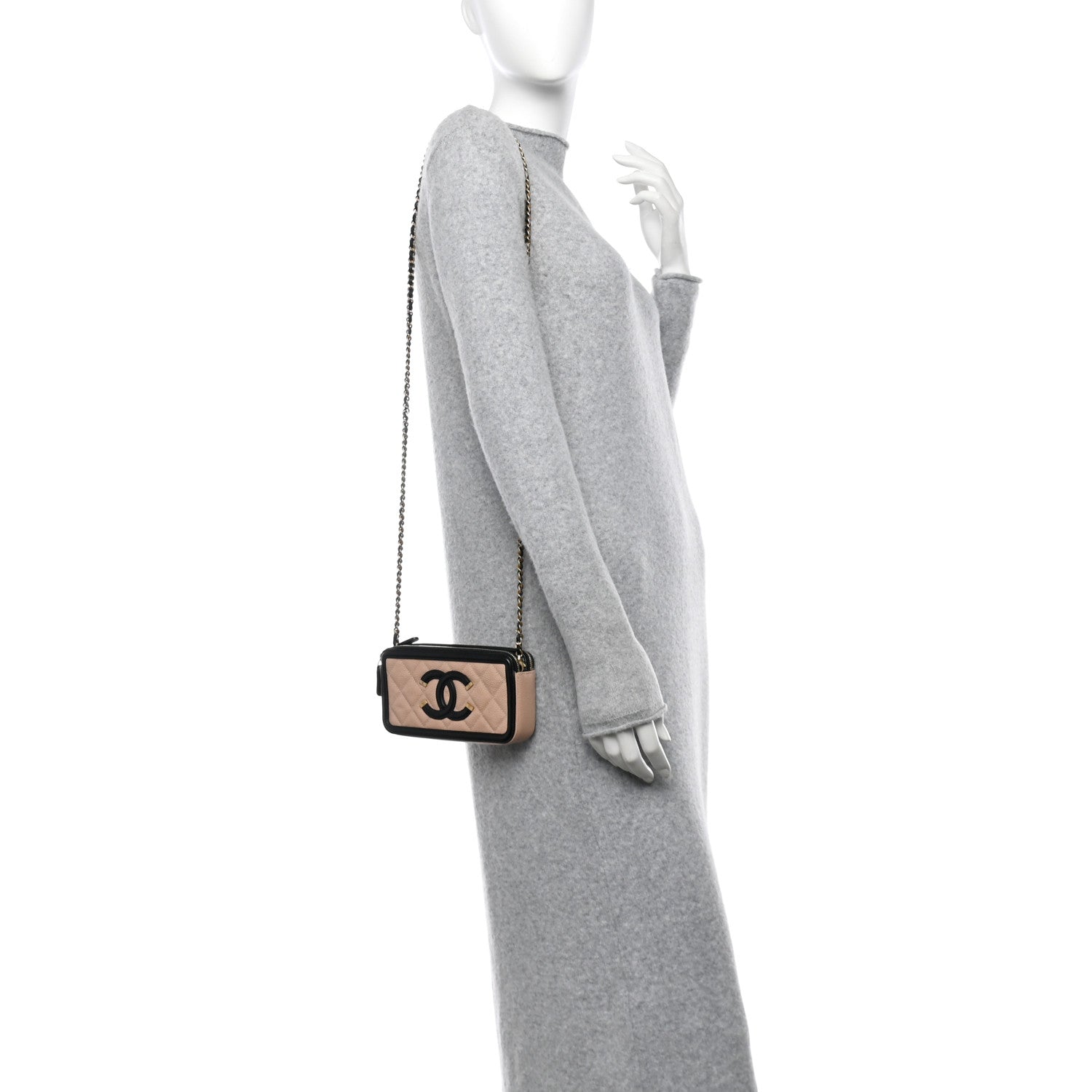 Chanel Caviar Quilted CC Filigree Clutch With Chain Beige Black 2 of 12