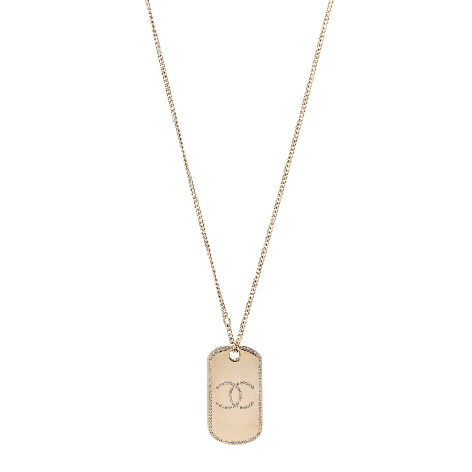 Chanel Metal Crystal Dog Tag Charm Necklace Gold 1 of 6