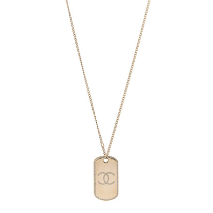 Chanel Metal Crystal Dog Tag Charm Necklace Gold 1 of 6