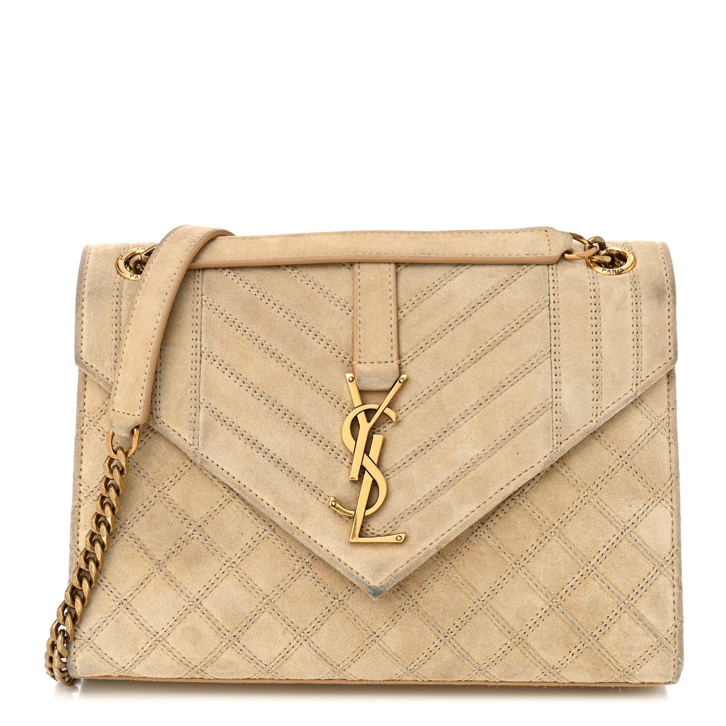 Suede Mixed Matelasse Triquilt Medium Monogram Envelope Satchel Sea Salt