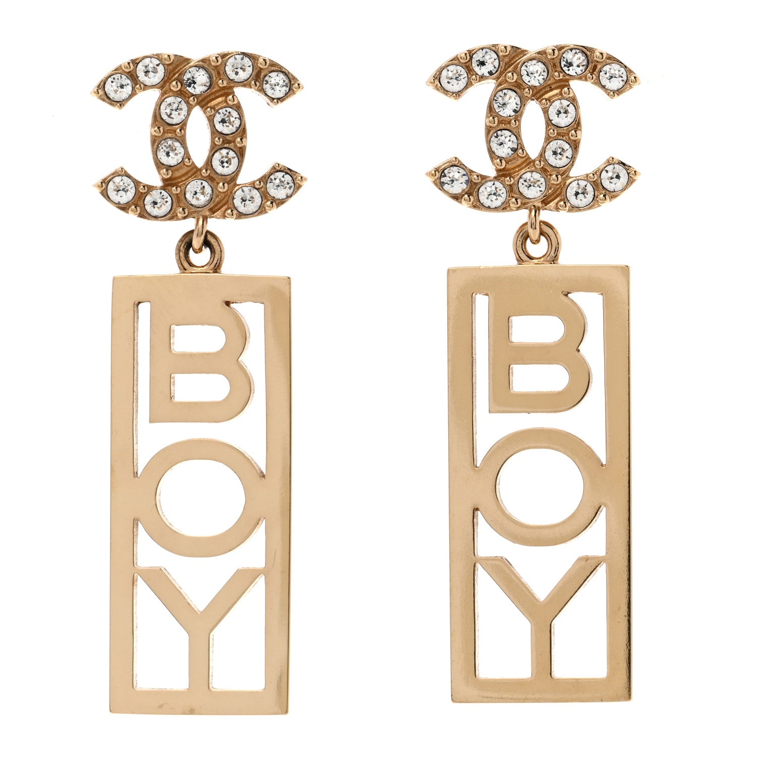 Chanel Metal Crystal CC Boy Drop Earrings Gold 1 of 5