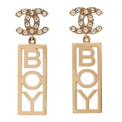 Chanel Metal Crystal CC Boy Drop Earrings Gold 1 of 5