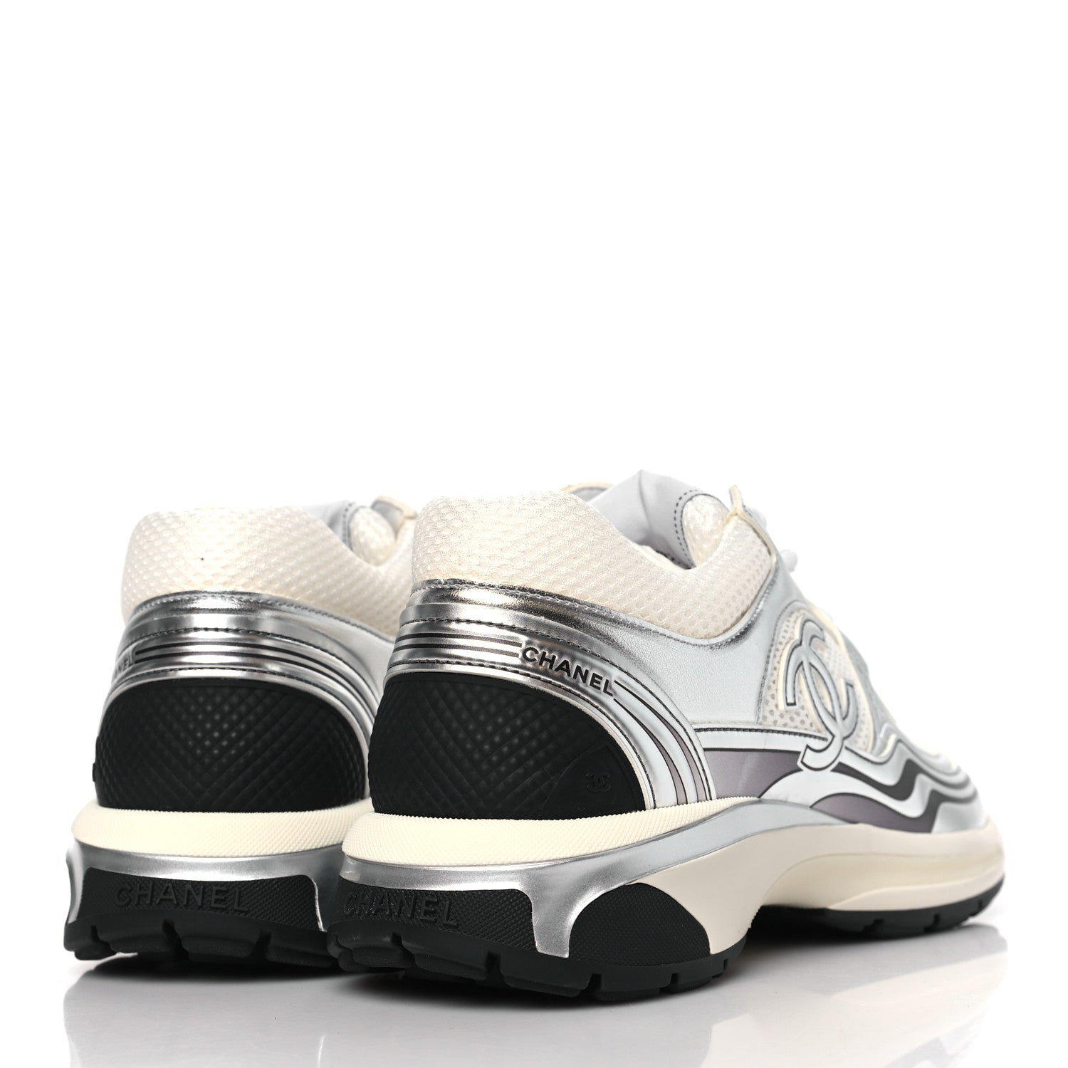 Chanel Fabric Laminated Calfskin Stretch CC Womens Sneakers 39.5 White Silver 4 of 9
