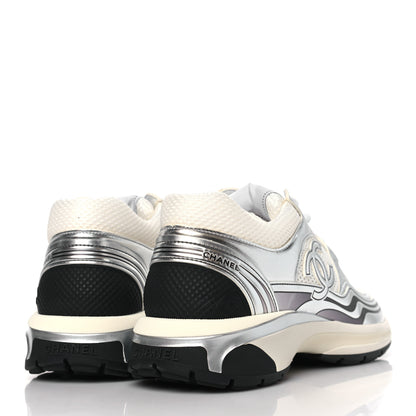Chanel Fabric Laminated Calfskin Stretch CC Womens Sneakers 39.5 White Silver 4 of 9