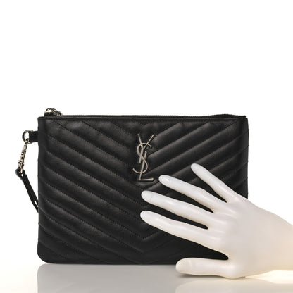 Saint Laurent Calfskin Matelasse Chevron Monogram A5 Wristlet Black 2 of 11
