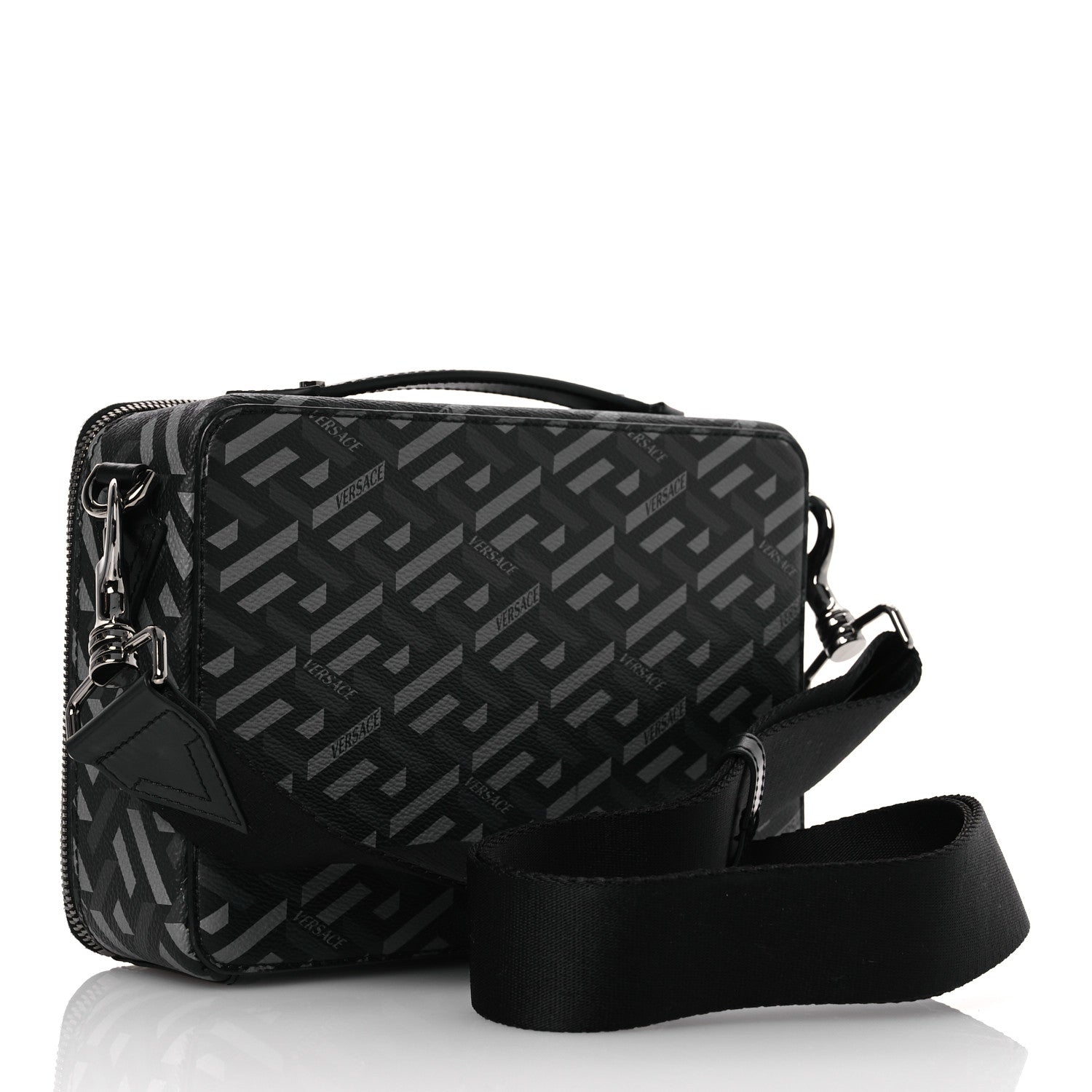 Versace Coated Canvas La Greca Signature Messenger Bag Black Gray 3 of 11