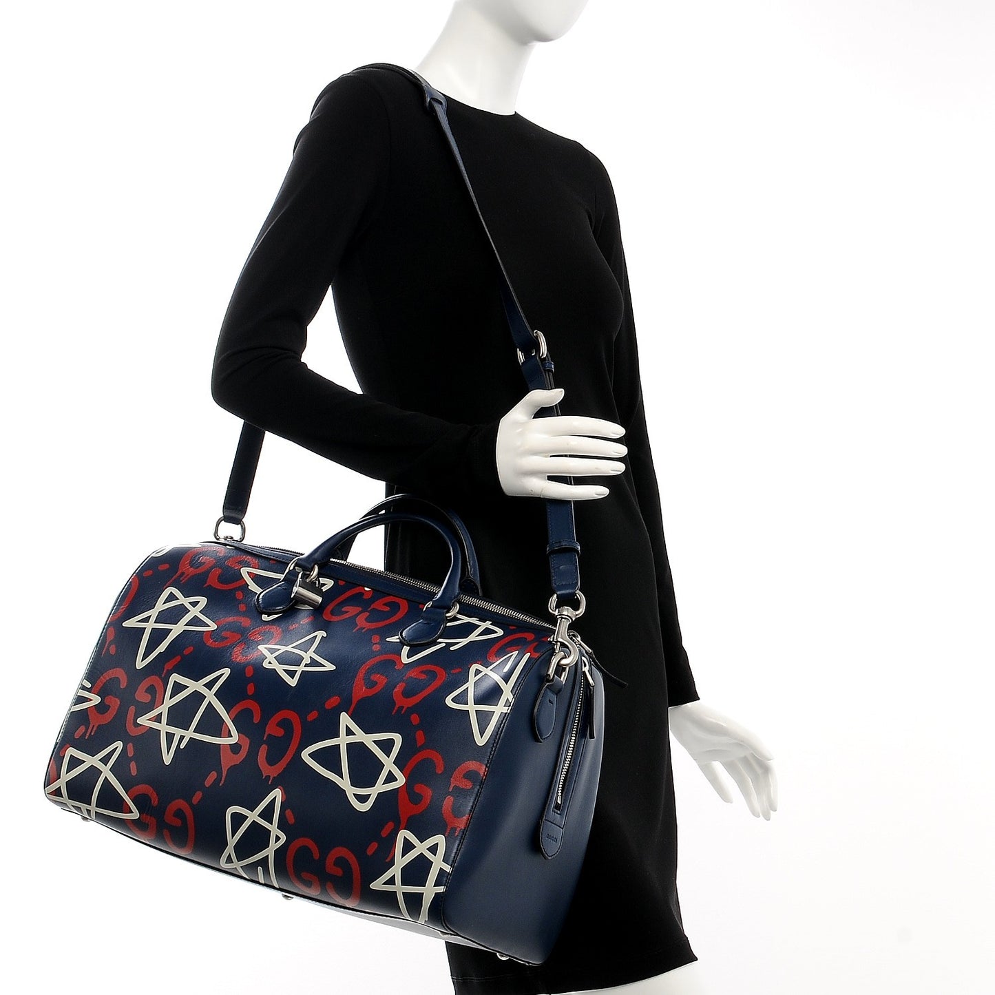 Calfskin GucciGhost Print Duffle Blue Agata Hibiscus Red