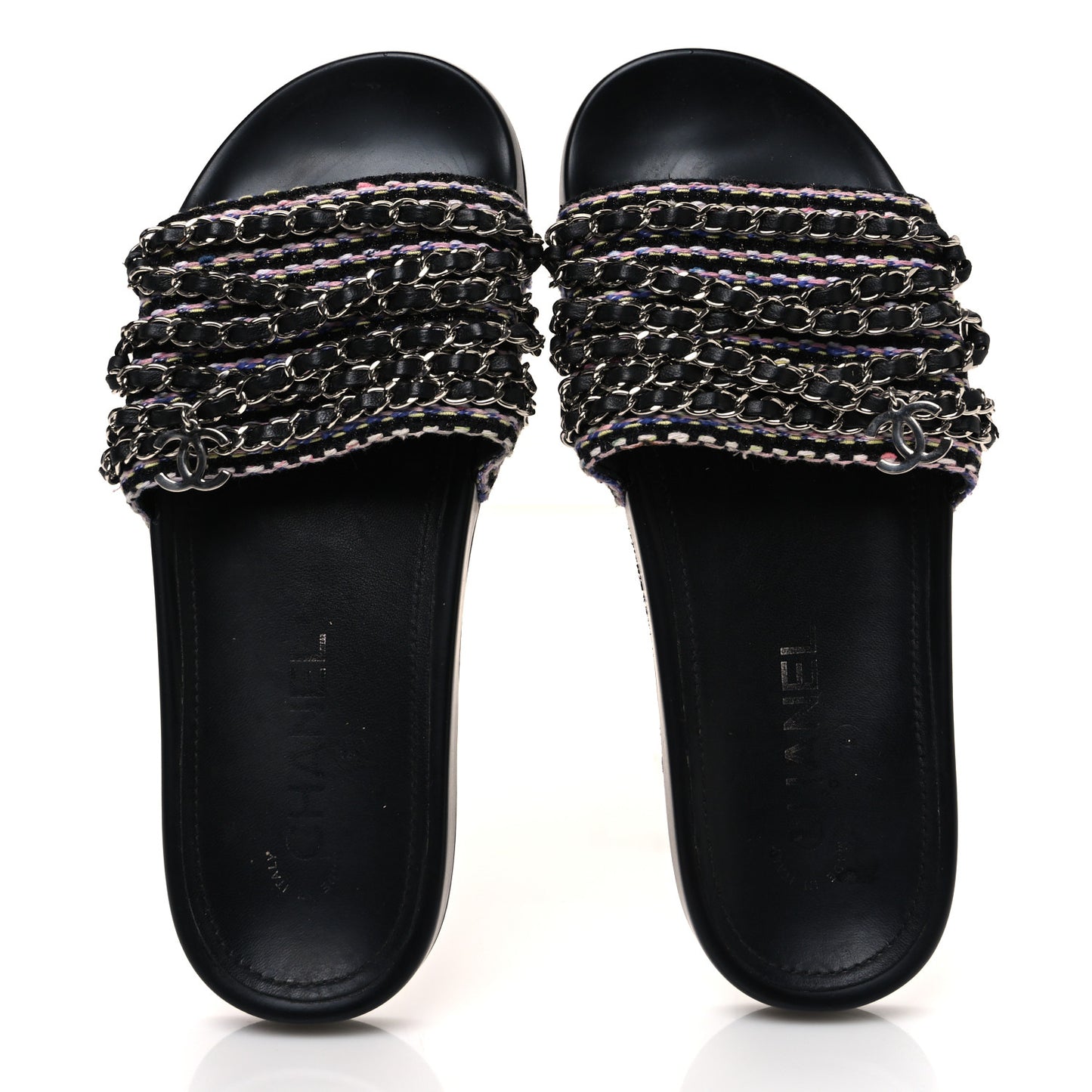 Tweed Lambskin Chain Flat Sandals 37 Black Multicolor