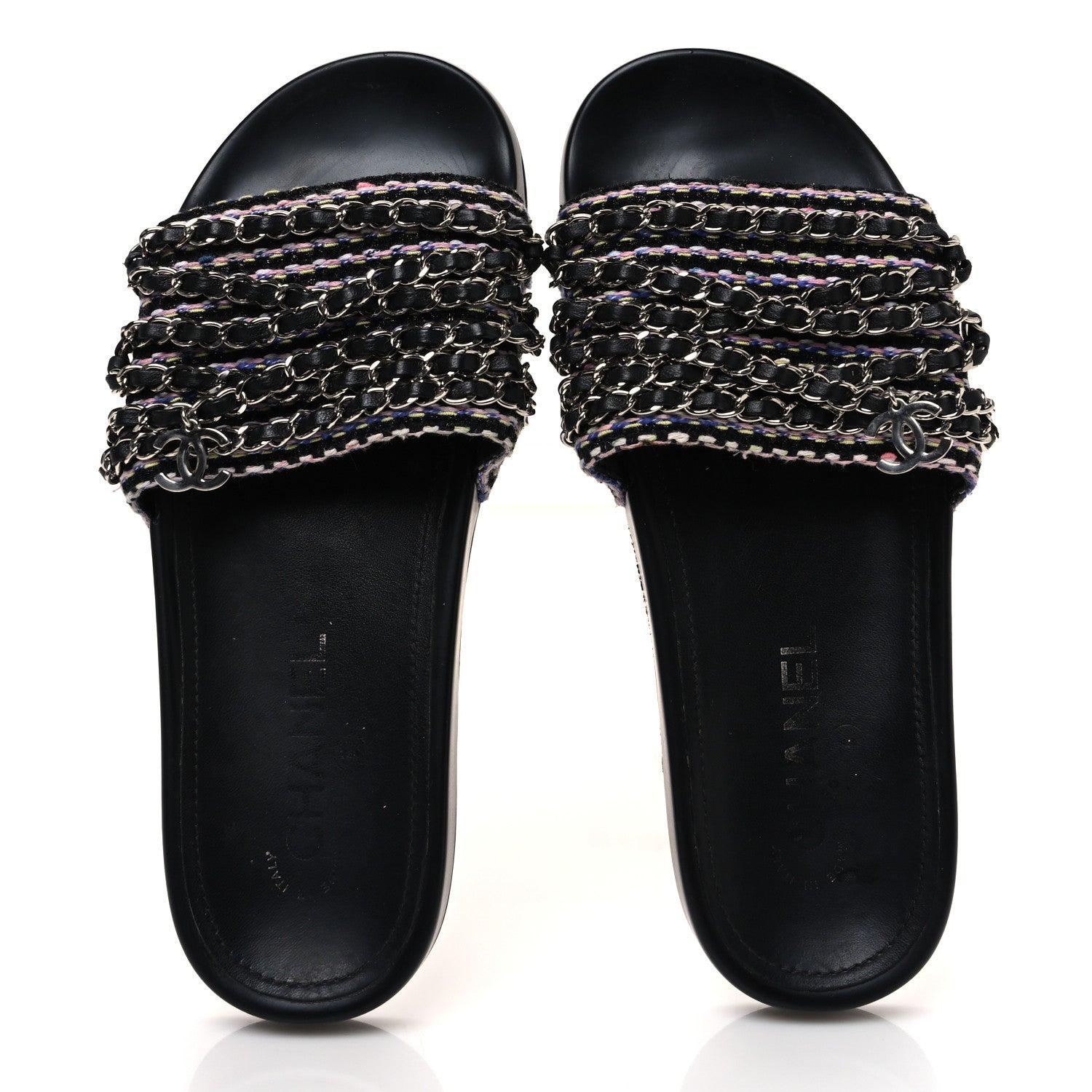 Chanel Tweed Lambskin Chain Flat Sandals 37 Black Multicolor 2 of 12