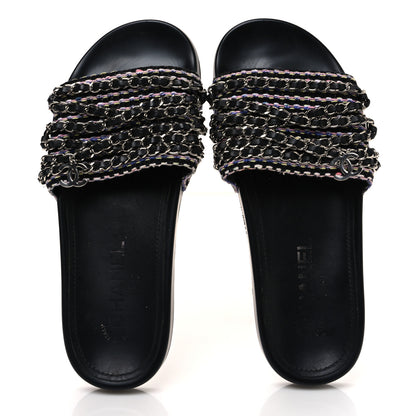 Chanel Tweed Lambskin Chain Flat Sandals 37 Black Multicolor 2 of 12