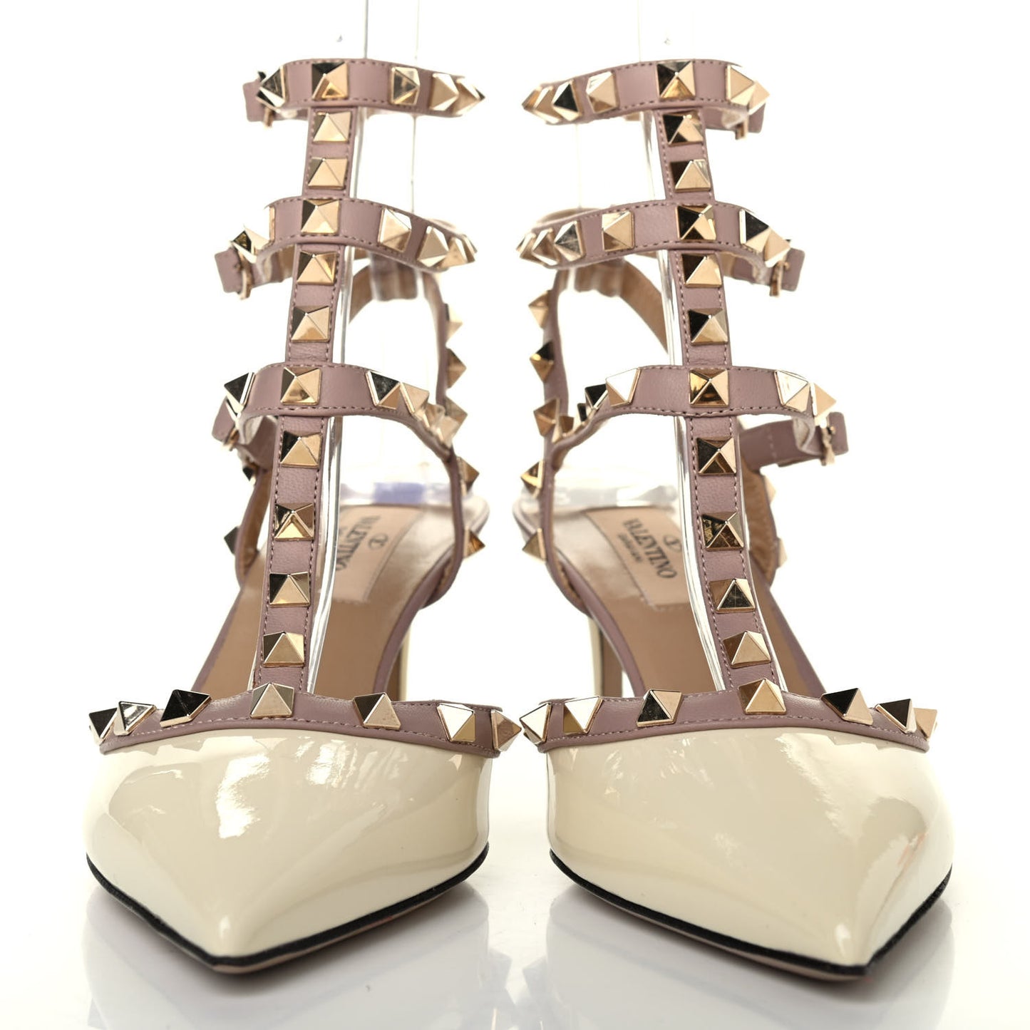 Patent Rockstud Ankle Strap Low Heel Pumps 36.5 Ivory Poudre