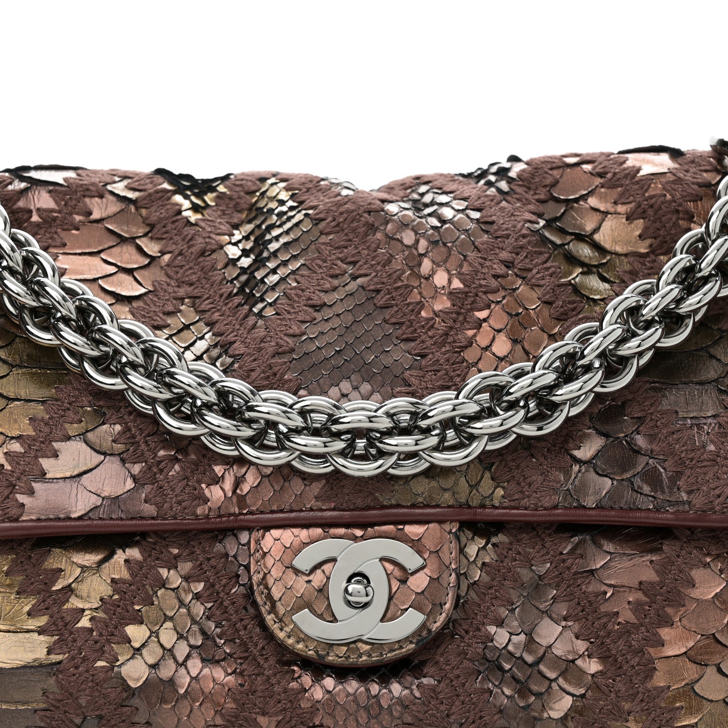 Chanel Metallic Snakeskin Crochet Soft and Chain Maxi Flap Burgundy Multicolor 8 of 11