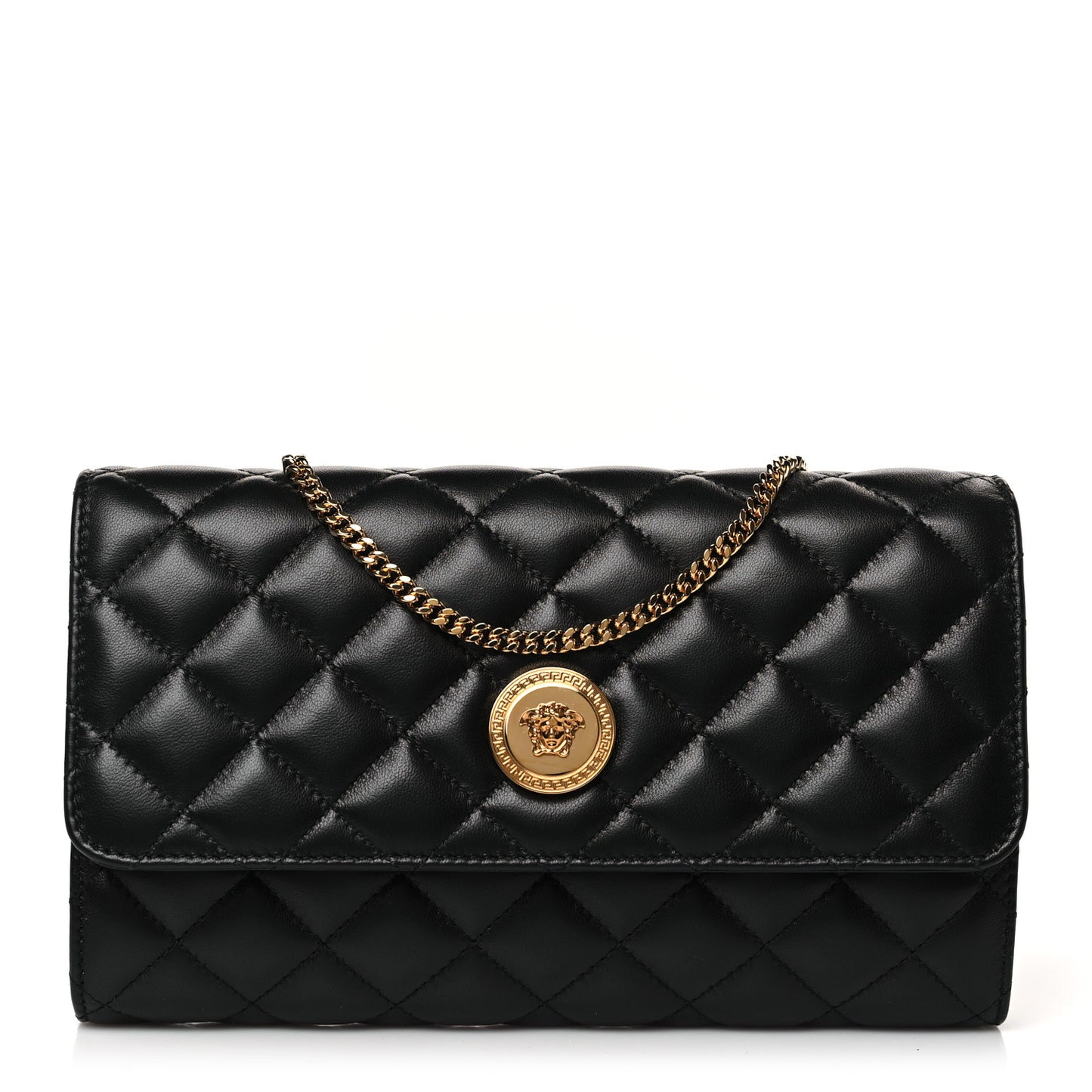 Lambskin Quilted Medusa Wallet on Chain Crossbody Black