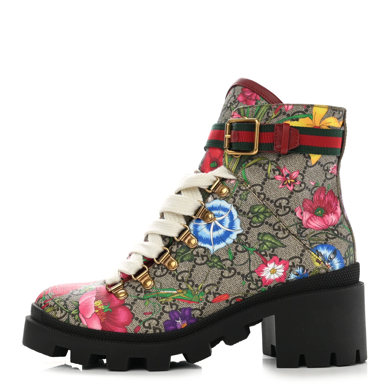 Gucci GG Supreme Monogram Flora Lace Up Combat Ankle Boots 37.5 Beige Multicolor Red 1 of 8