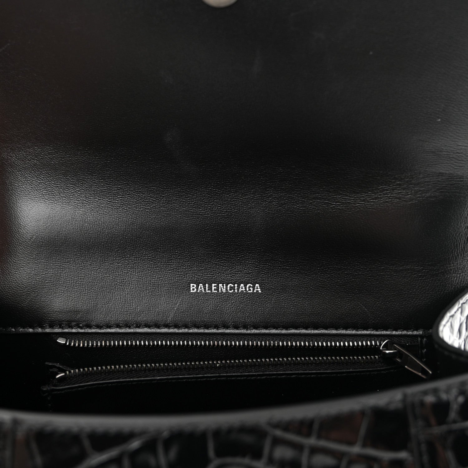 Balenciaga Shiny Calfskin Monochrome Crocodile Embossed Small Hourglass Top Handle Bag Black 6 of 10