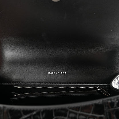 Balenciaga Shiny Calfskin Monochrome Crocodile Embossed Small Hourglass Top Handle Bag Black 6 of 10