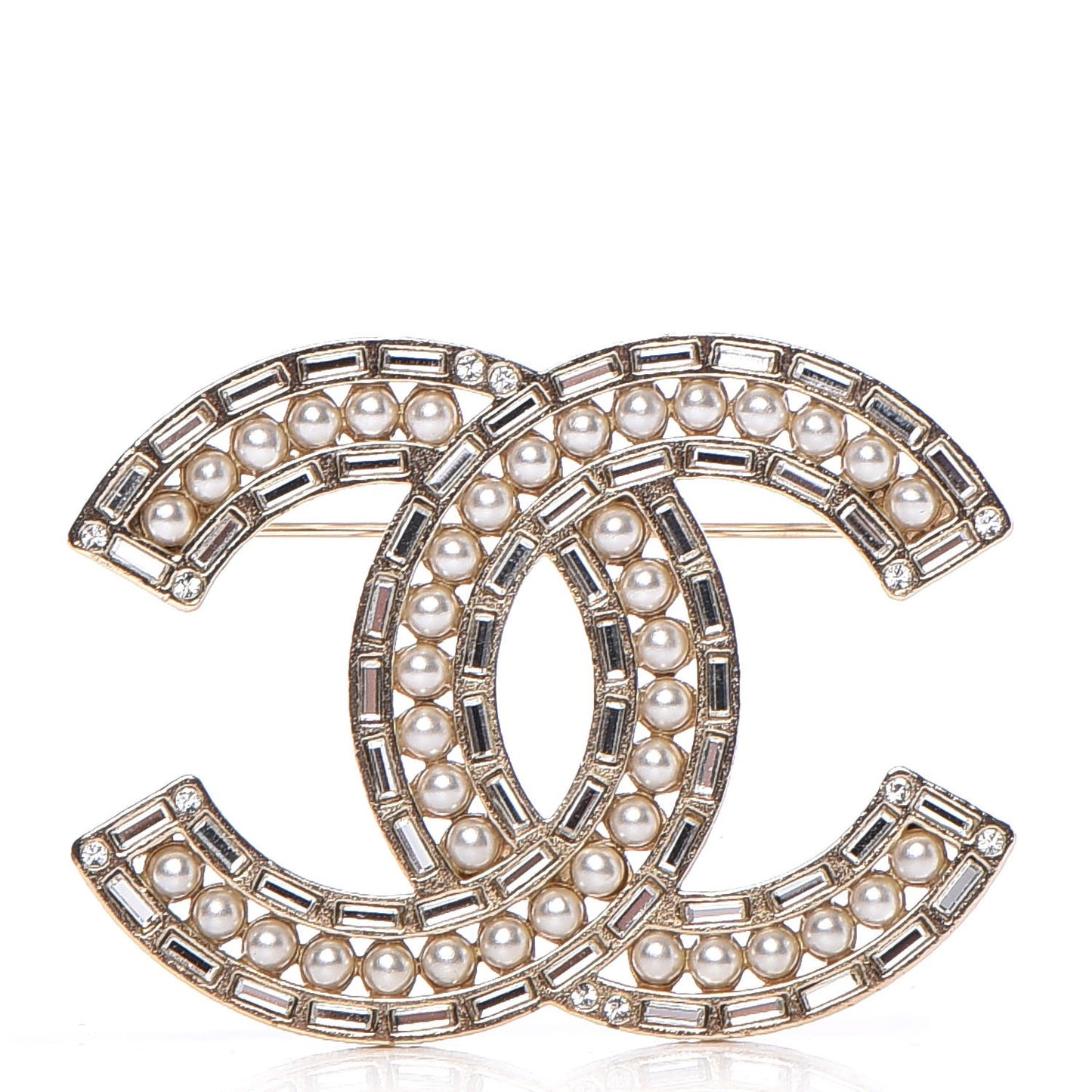 Pearl Crystal Baguette CC Brooch Gold