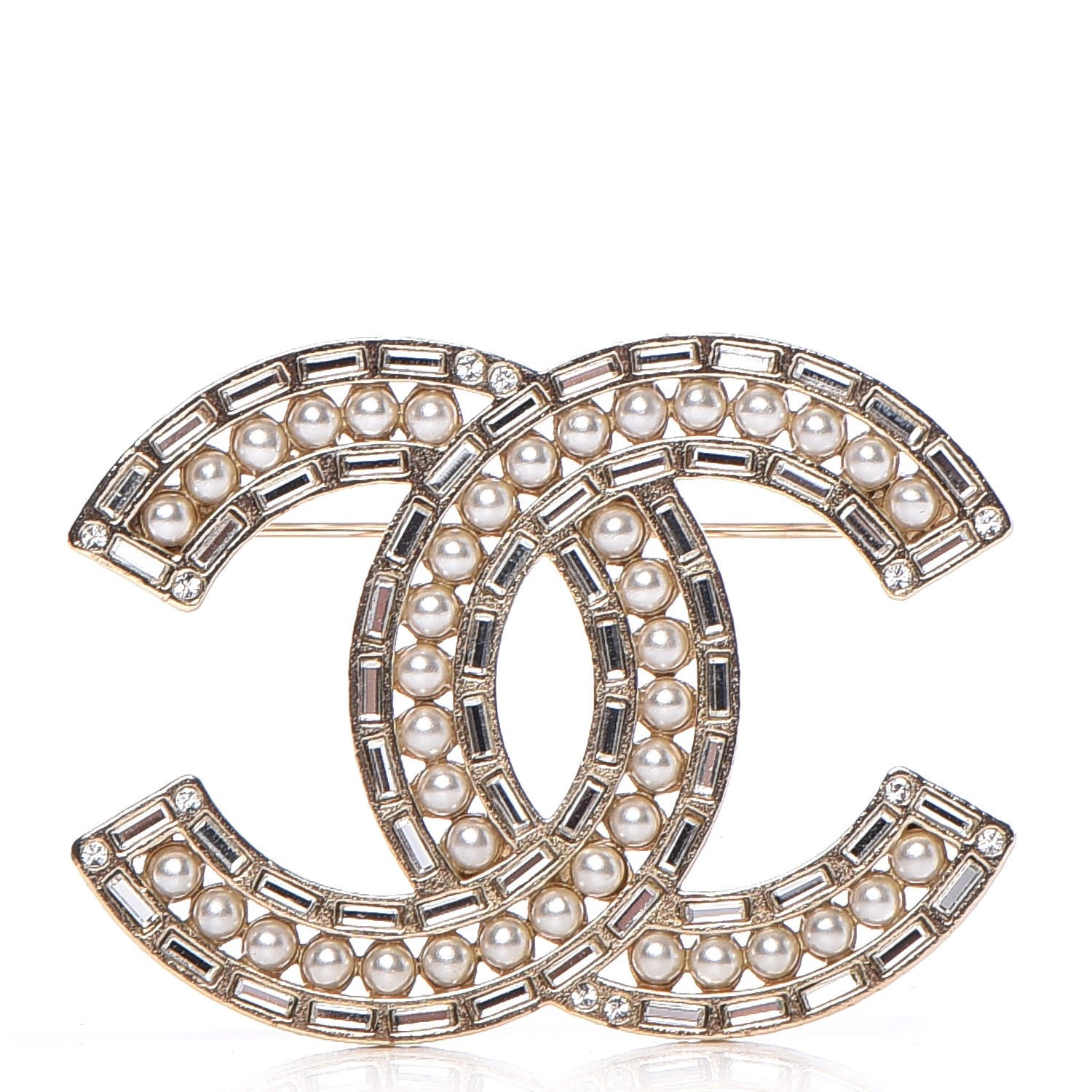 Chanel Pearl Crystal Baguette CC Brooch Gold 1 of 5