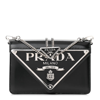 Prada Spazzolato Triangle Logo Plate Flap Chain Crossbody Bag Black 1 of 9