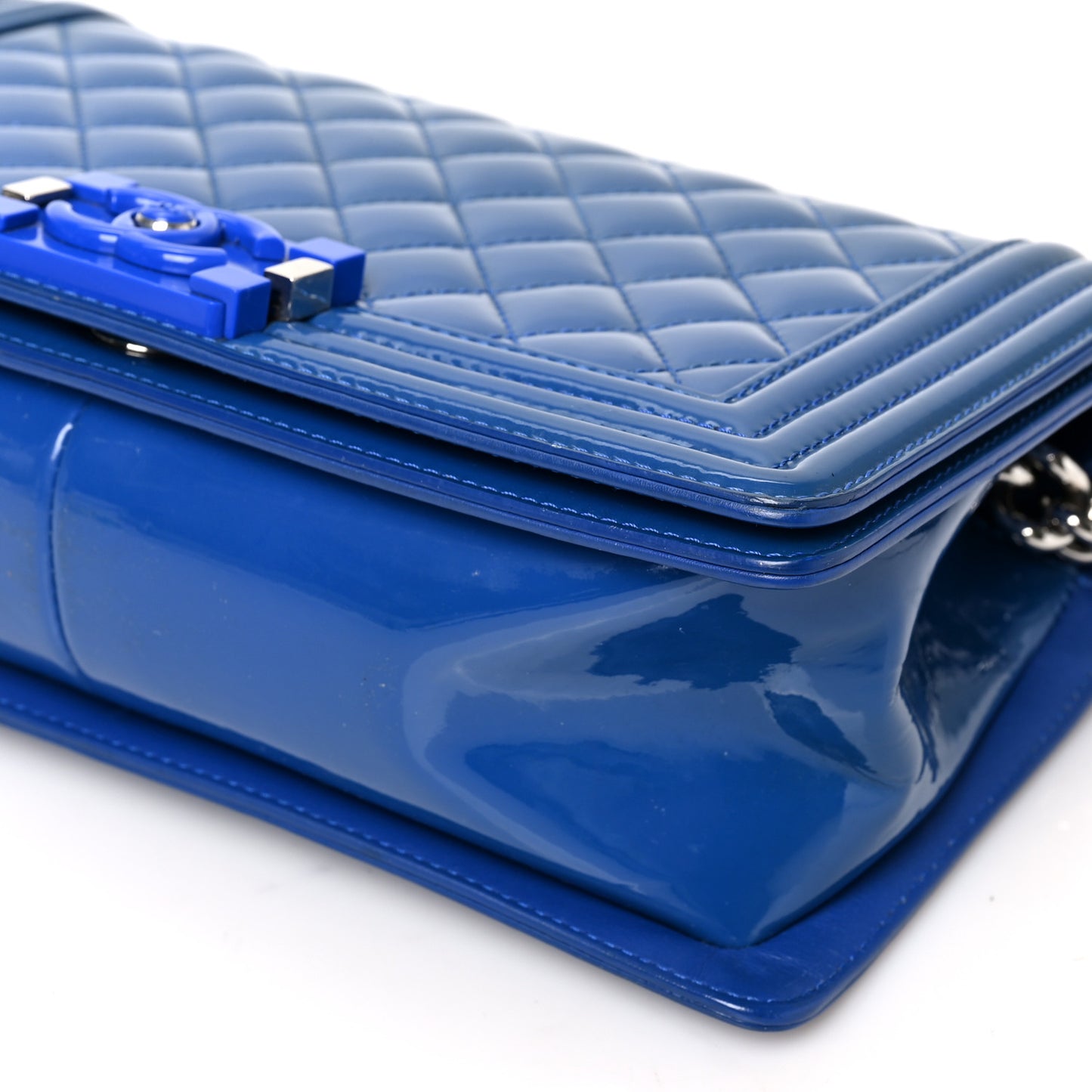 Patent Calfskin Quilted New Medium Plexiglass Boy Flap Blue