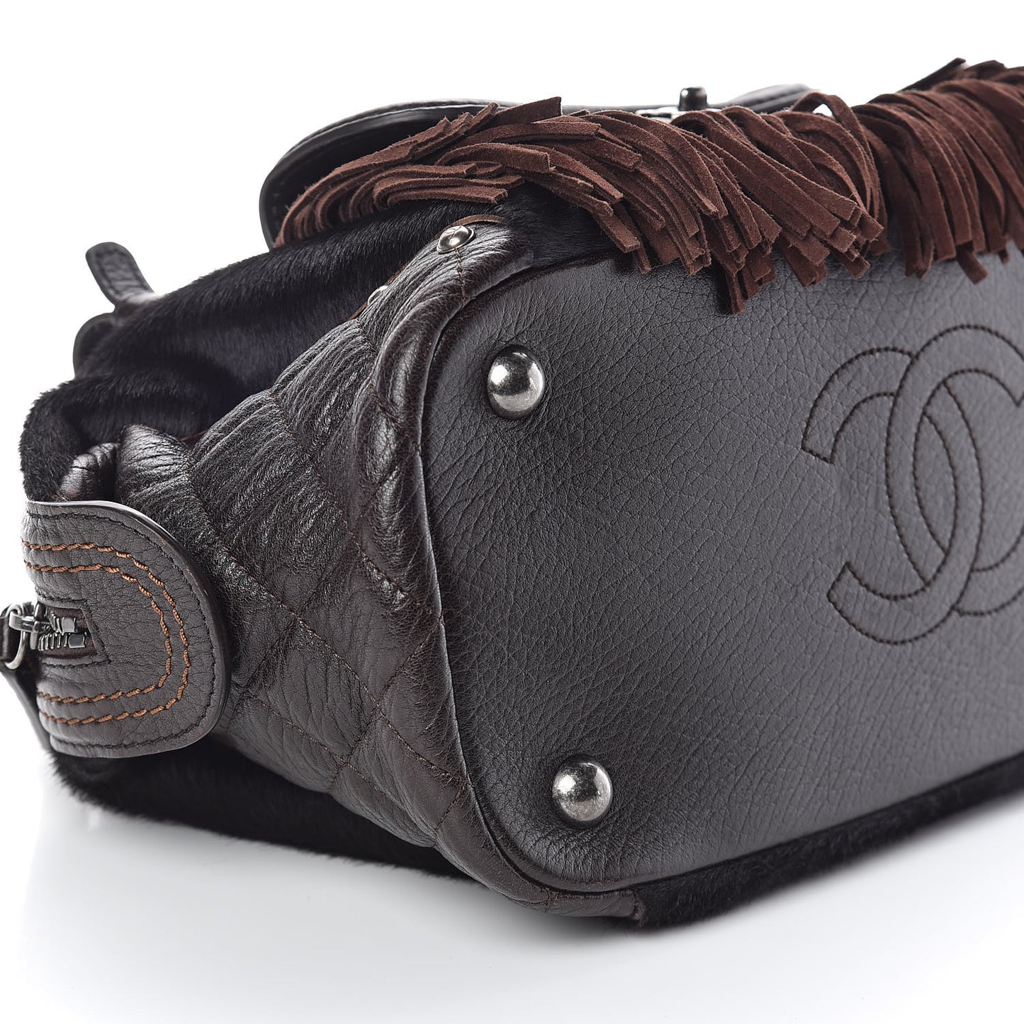 Calfskin Pony Hair Fringe Bowling Bag Brown