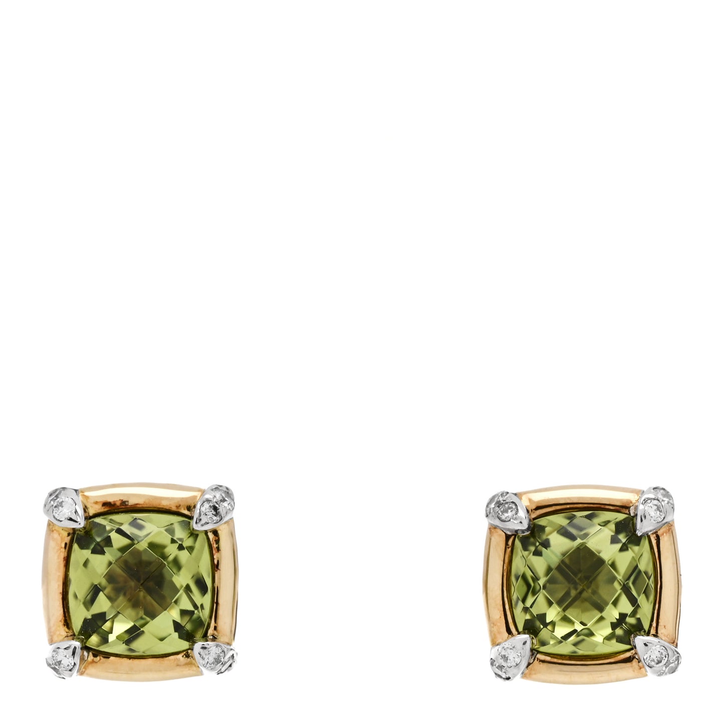 18K Yellow Gold Sterling Silver Diamond Peridot 5mm Petite Chatelaine Bezel Earrings