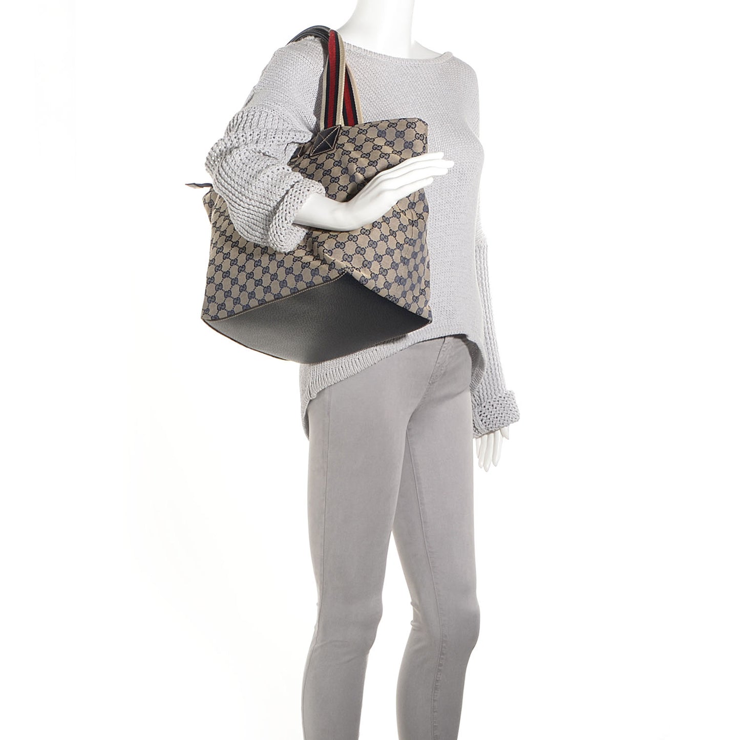 GG Monogram Large Web Handle Bucket Tote Navy