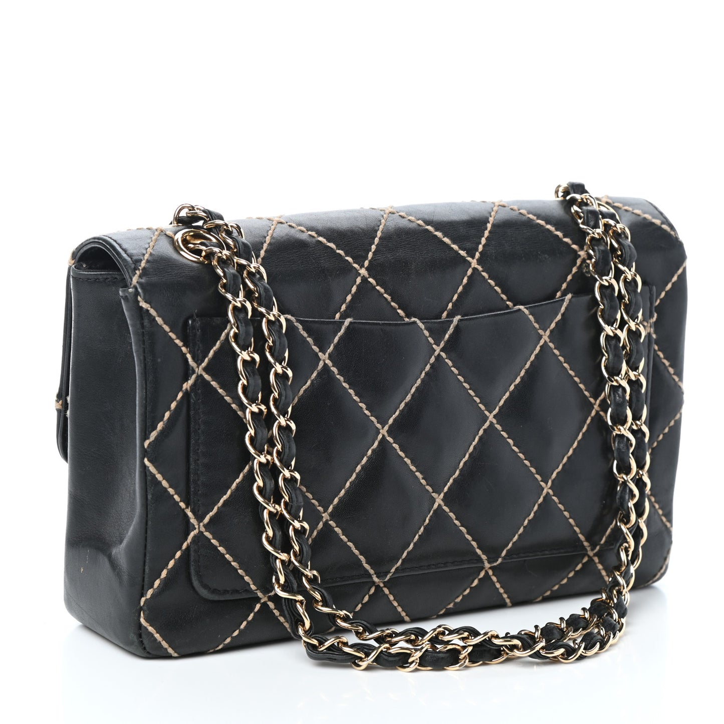 Calfskin Quilted Contrast Stitch Medium Flap Black