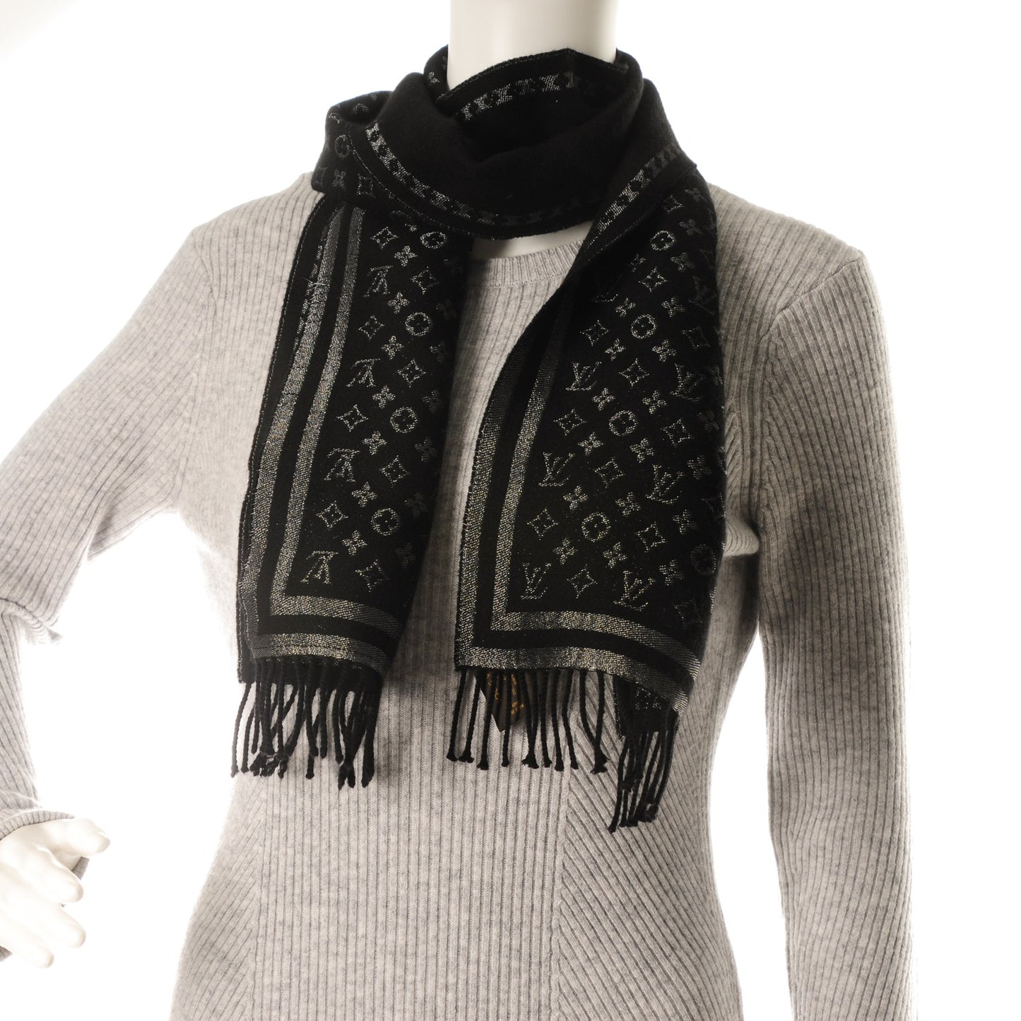 Wool Cashmere Lurex Monogram Scarf Black Silver