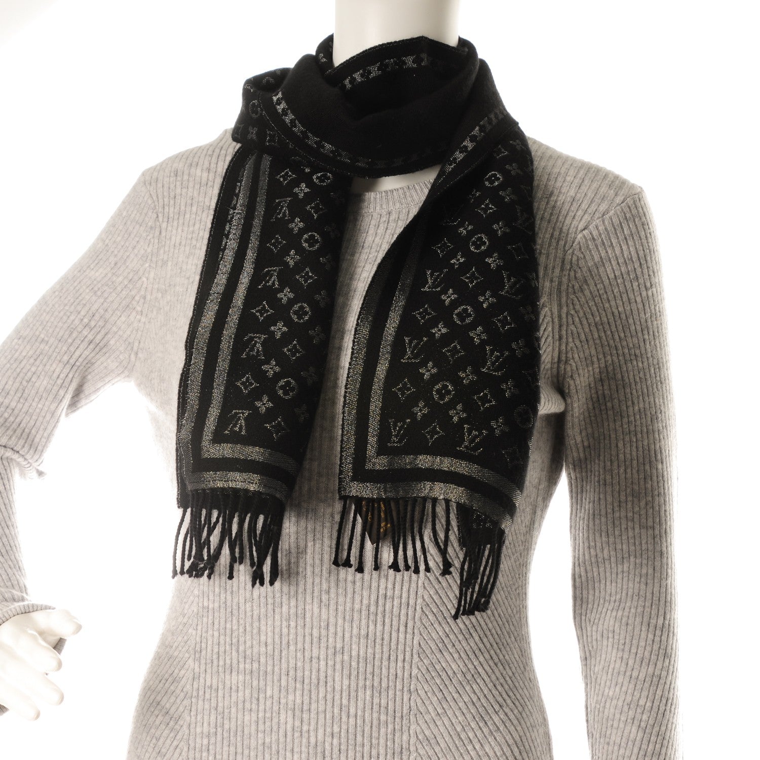 Louis Vuitton Wool Cashmere Lurex Monogram Scarf Black Silver 2 of 3