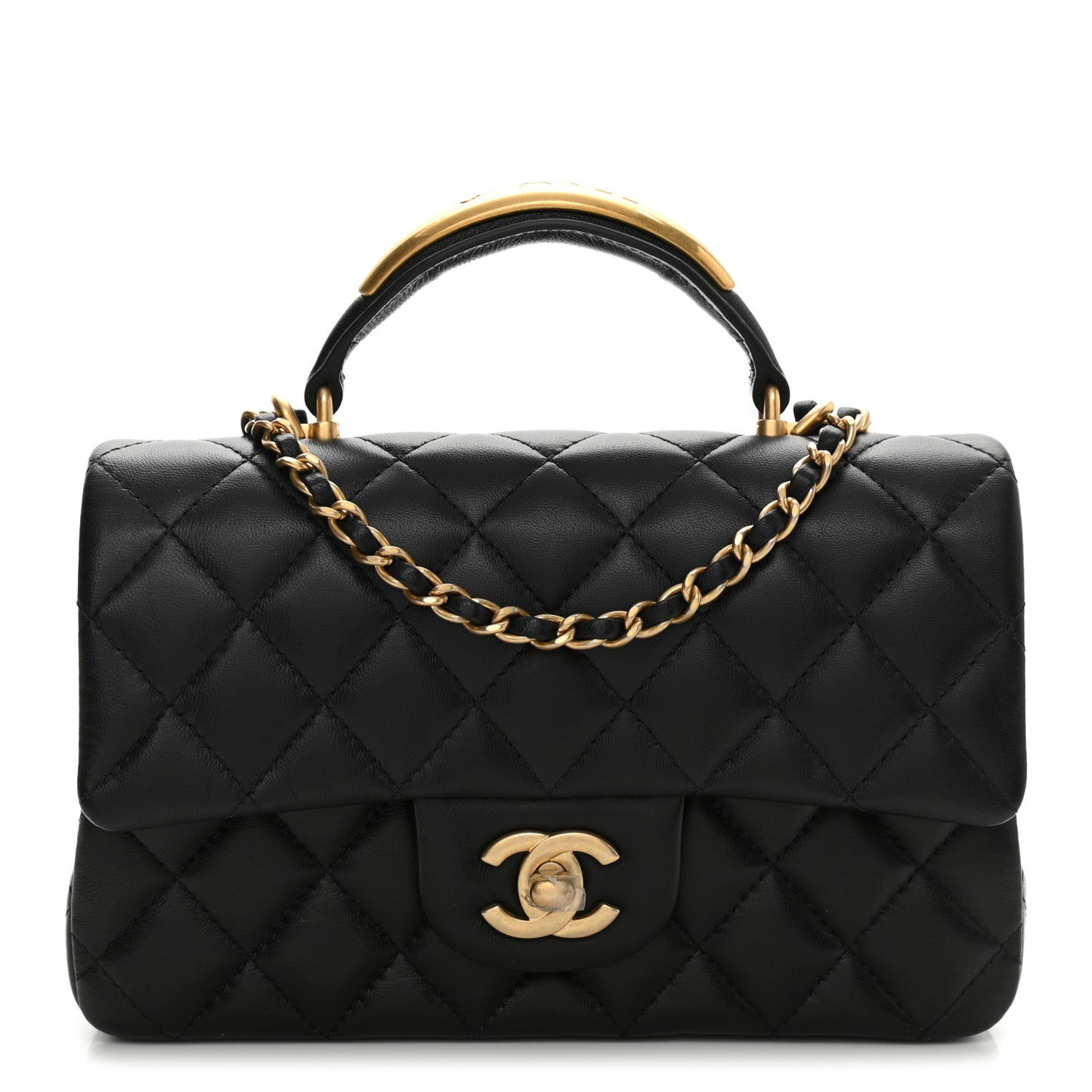 Lambskin Quilted Metal Mini Top Handle Rectangular Flap Black