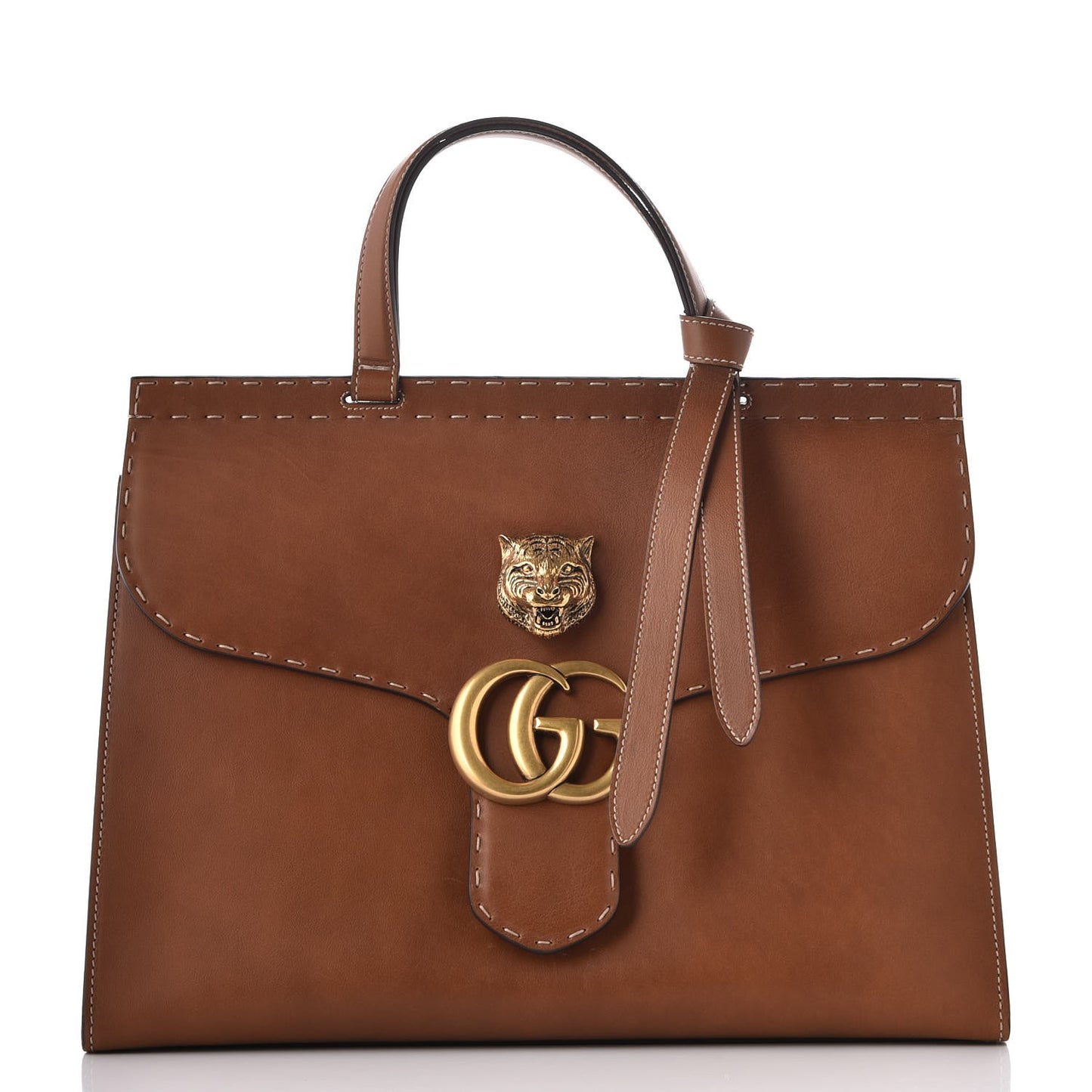 Calfskin Feline Medium GG Marmont Top Handle Bag Brown