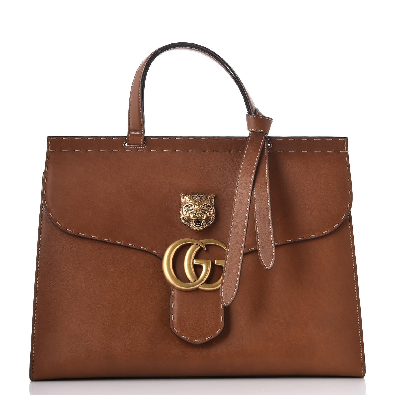 Gucci Calfskin Feline Medium GG Marmont Top Handle Bag Brown 1 of 8